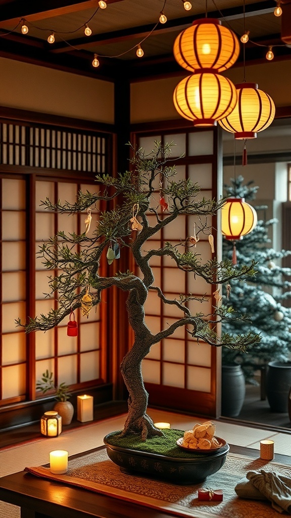 Japanese Christmas decor with bonsai, origami ornaments, paper lanterns, and string lights in a cozy living room.